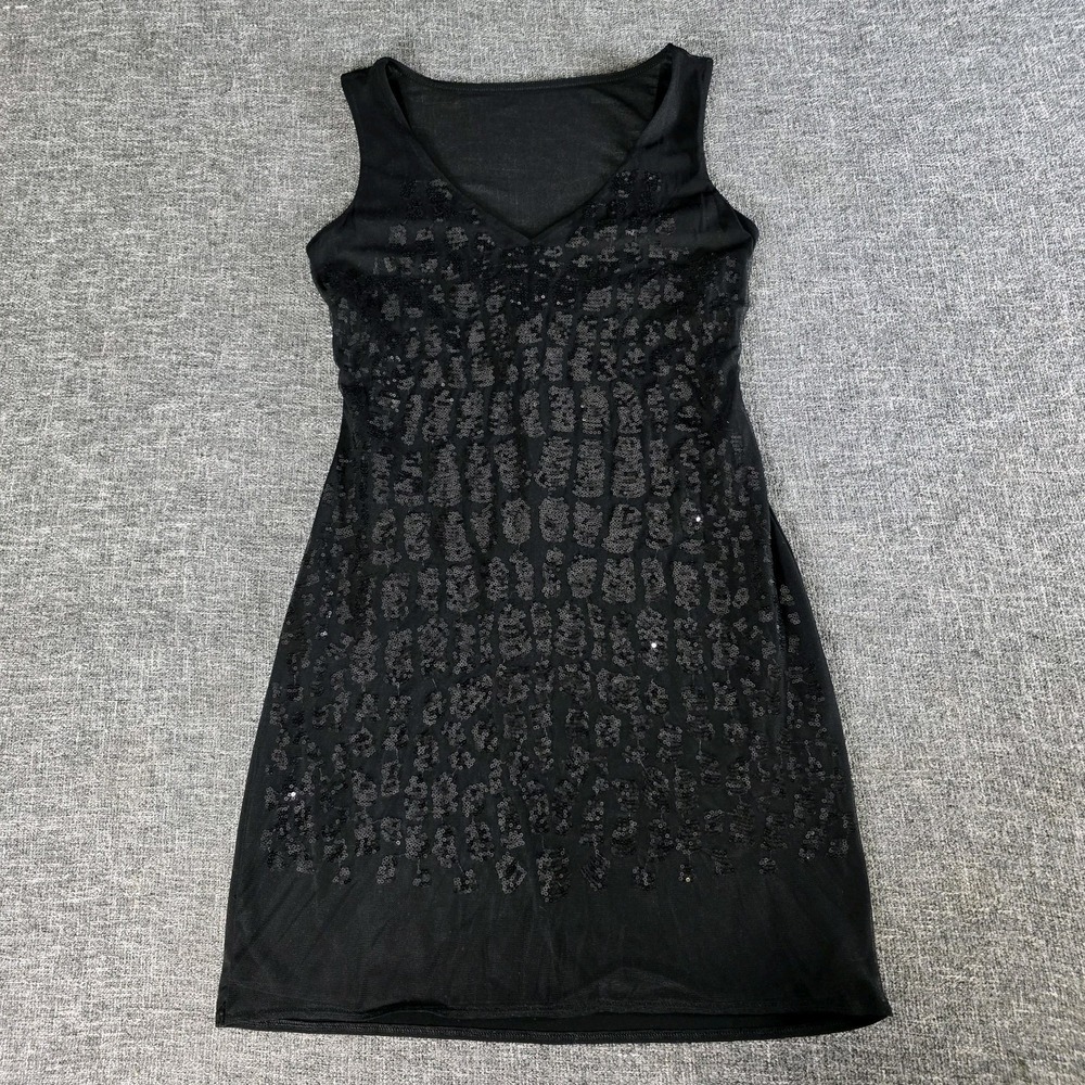 Express Womens Black Sequin Leopard Print V-Neck Scoop Back Mini Dress Small